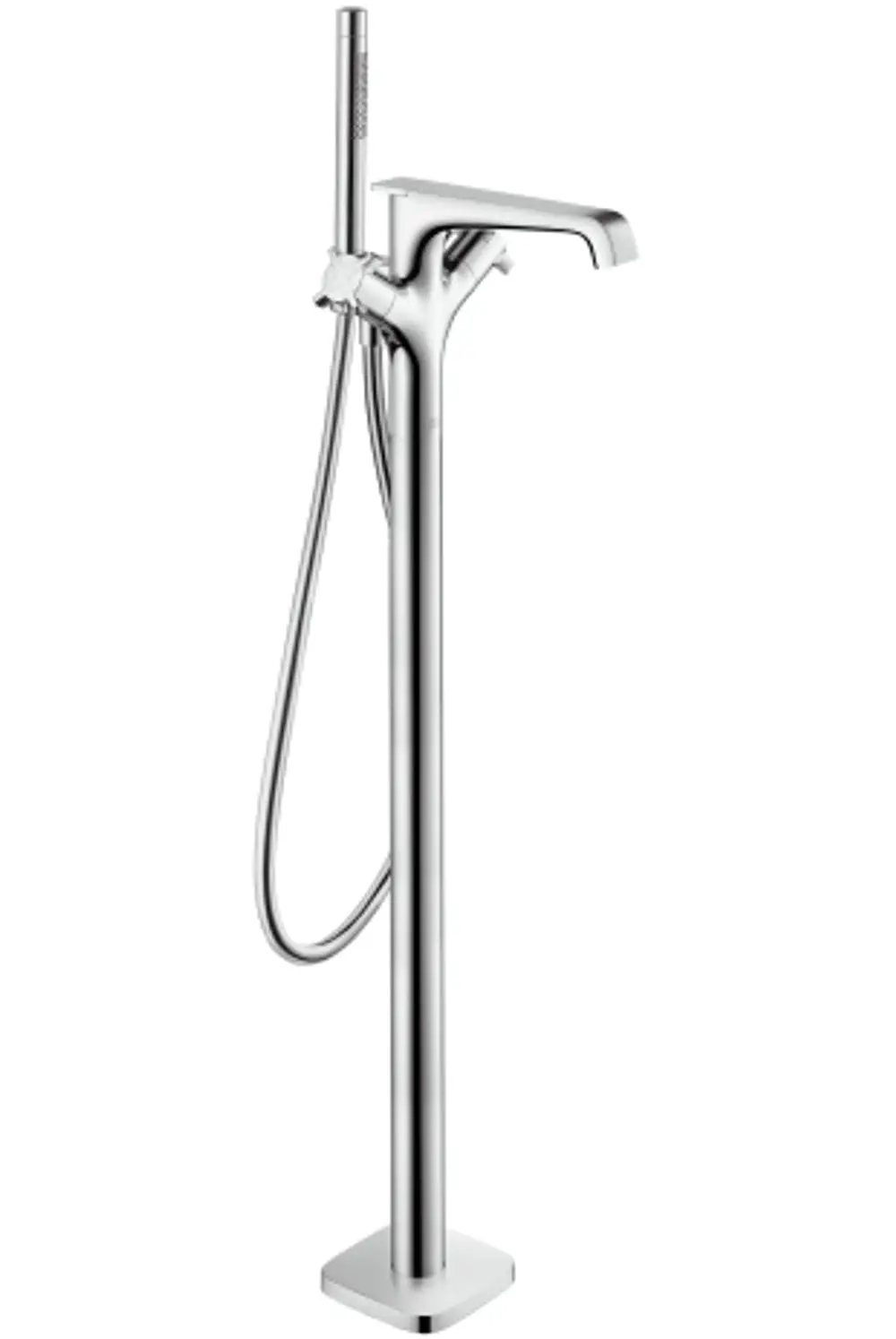 Bodenstehender Thermostat von AXOR mit schlankem Design. Ausgestattet mit einer Handbrause und einem ausgestellten Wasserhahn. Verchromte Oberfläche.